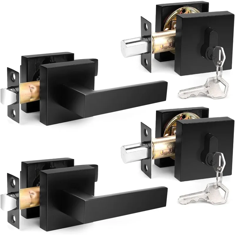 

Flat Black Passage Door Lever with Single Cylinder Deadbolts Combo Pack, Modern Square Lock Set Handleset,Exterior Door