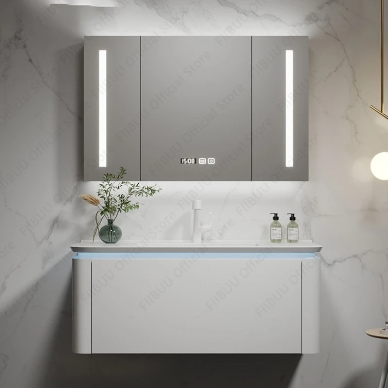 

Wall Mounted Bathroom Vanity Combo with Integrated Ceramic Sink Basin Defog Smart Mirror Cabinet Large Storage Cabinet Floating