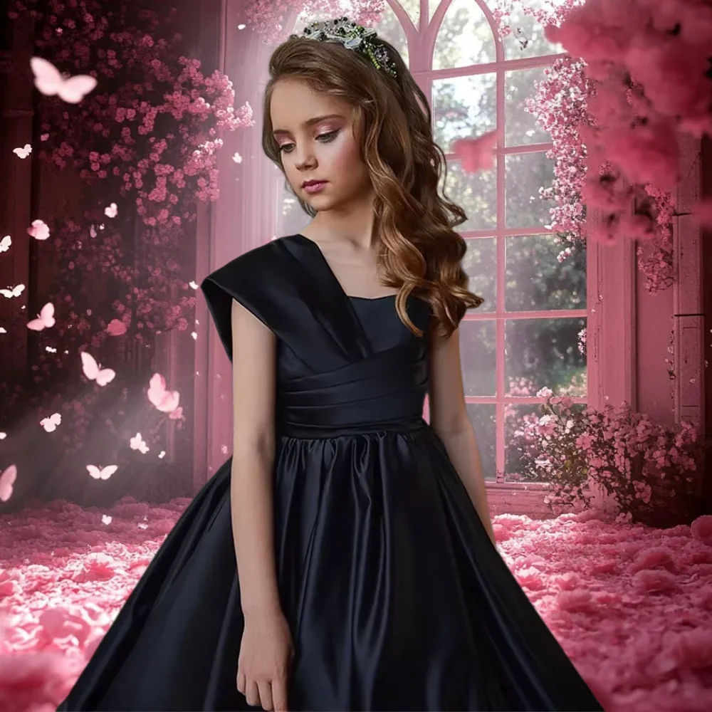 

Elegant BLACK Satin Flower Girl Dress Fluffy For Wedding Dresses Formal Occasions Premium Kids Birthday Party Evening Gowns