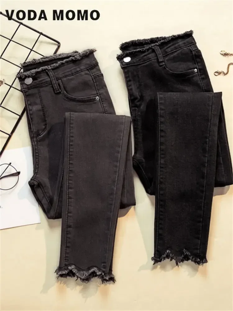 Women Casual Slim Ankle-length Denim Pants Korean Vaqueros Leggings Pantalones Stretch Jeansy High Waist Tassel Pencil Jeans