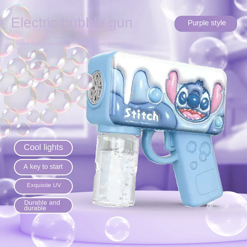 Nowy Elektryczny Pistolet do Baniek Mydlanych 3D Stitch, Kreskówkowa Zabawka dla Dzieci, Automatyczna Maszyna do Baniek z Podświetleniem, Gry na Zewnątrz, Prezent dla Dzieci