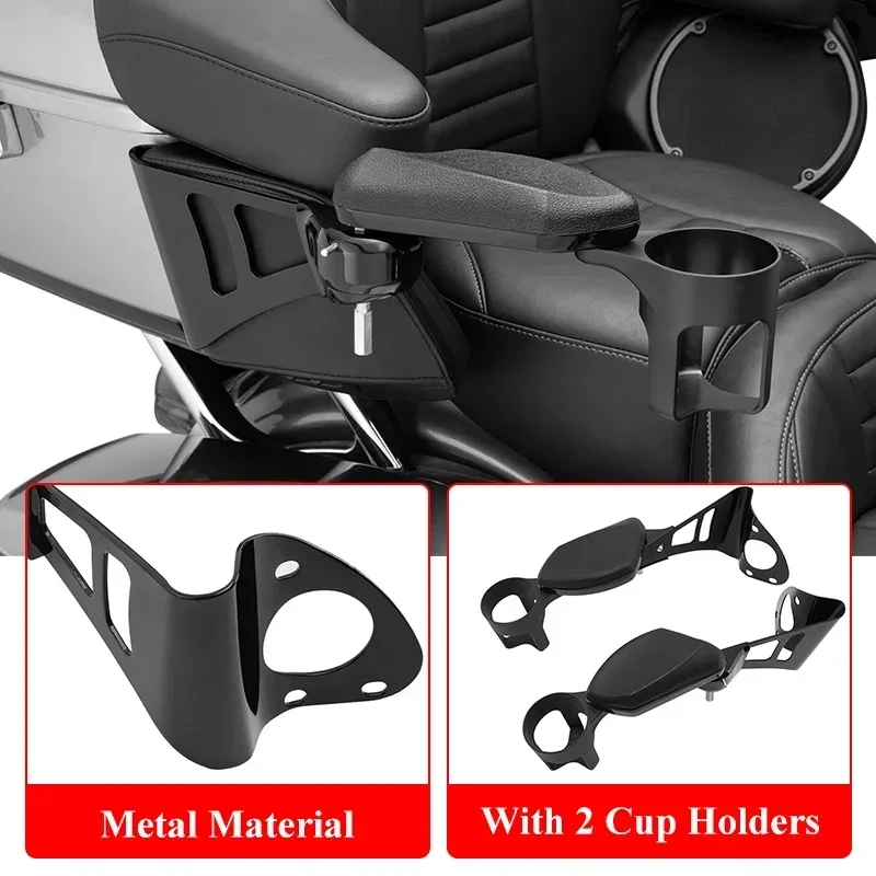 Adjustable Motorcycle Black Cup Holder Armrests Bottle Handlebar Accessories For Harley Touring Electra Road Glide 14-23