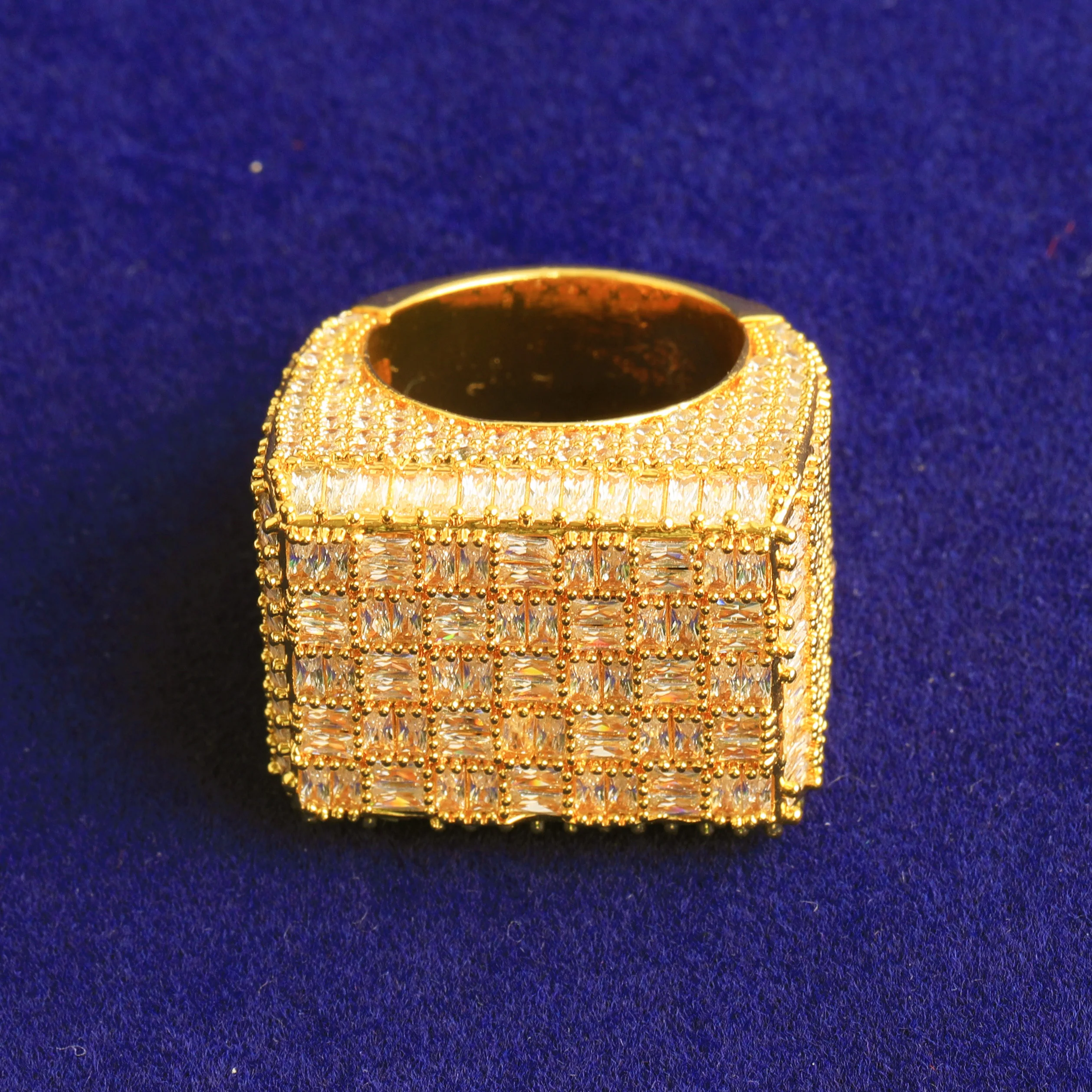 Aokaishen Rectangle Baguette Ring for Men Real Gold Plated Cubic Zirconia Hip Hop Jewelry