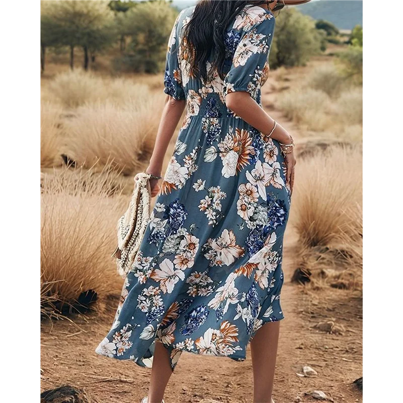 【SEE】レディース夏ルーズボヘミアン流れるラップVネック半袖花柄スリットビーチウェディングゲストロングマキシドレス