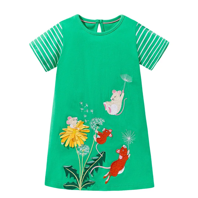 

2-7T Green Mouse Embroidery Summer Princess Baby Girls Dresses Animals Applique Party Birthday Kids Short Sleeve Frocks
