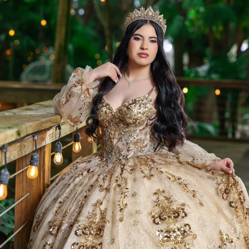 

Shiny Champagne Gold Quinceanera Dresses Off the Shoulder Gold Sequins Decal Long tail Bow Vestidoe 15 Quinceanera Customize