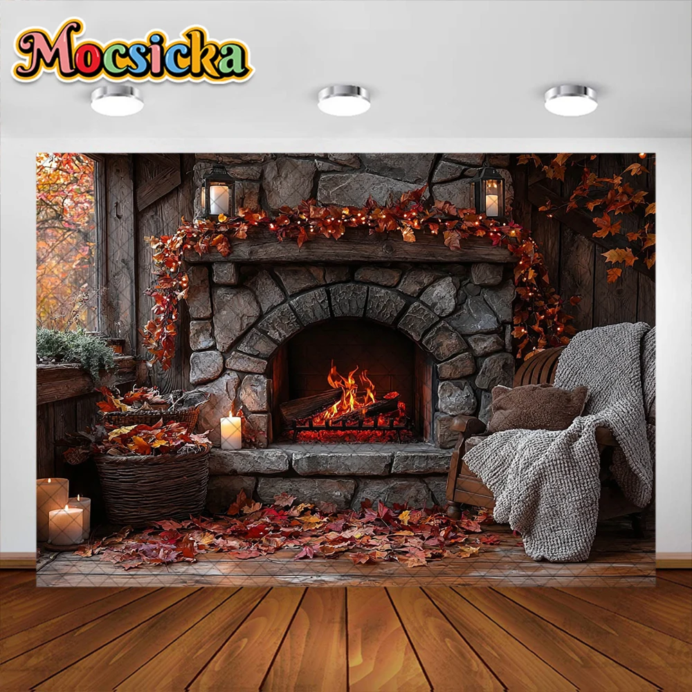 Осенний фон для фотосъемки с изображением кленового листа и камина