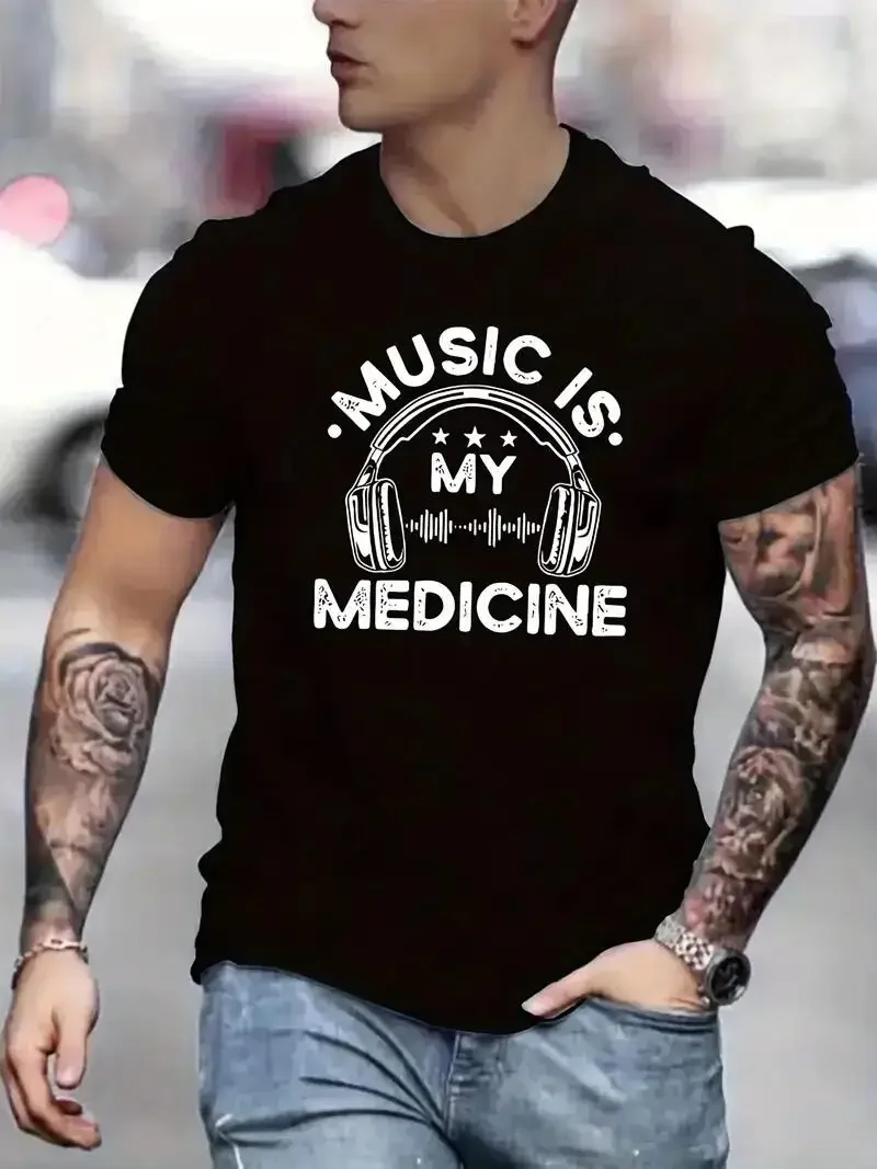 

Comfy Cotton, Vibrant Graphics, Summer Casual Wear" "Music Is My Medicine"" Men's T-Shirt oversized harajuku graphic t shirts