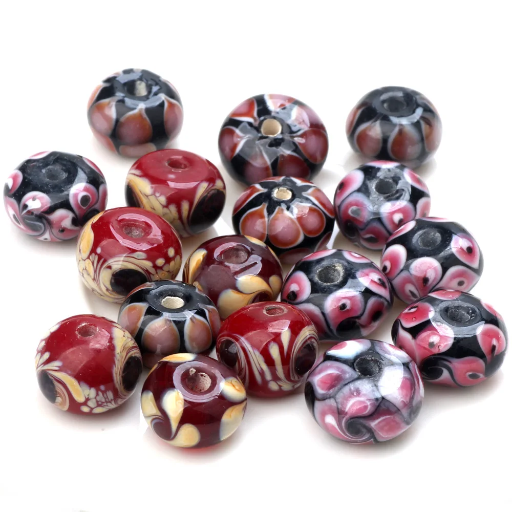 4PCS/Lot Retro Rose Red Hand Drawn Patterns Lampwork Glass Beads For Crafts Charm Bracelets/Earring/Necklace DIY Jewelry Making