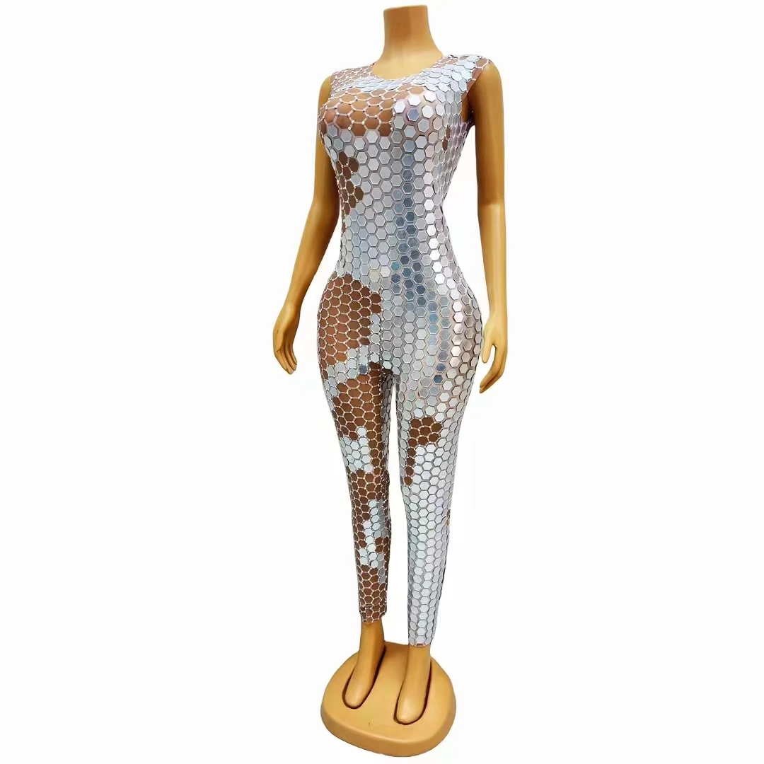 Glitter Crystal Silver Mirror Jumpsuit Singer Dancer Stage Show Leotard Party Rave Outfit Robot Dance Performance Costume