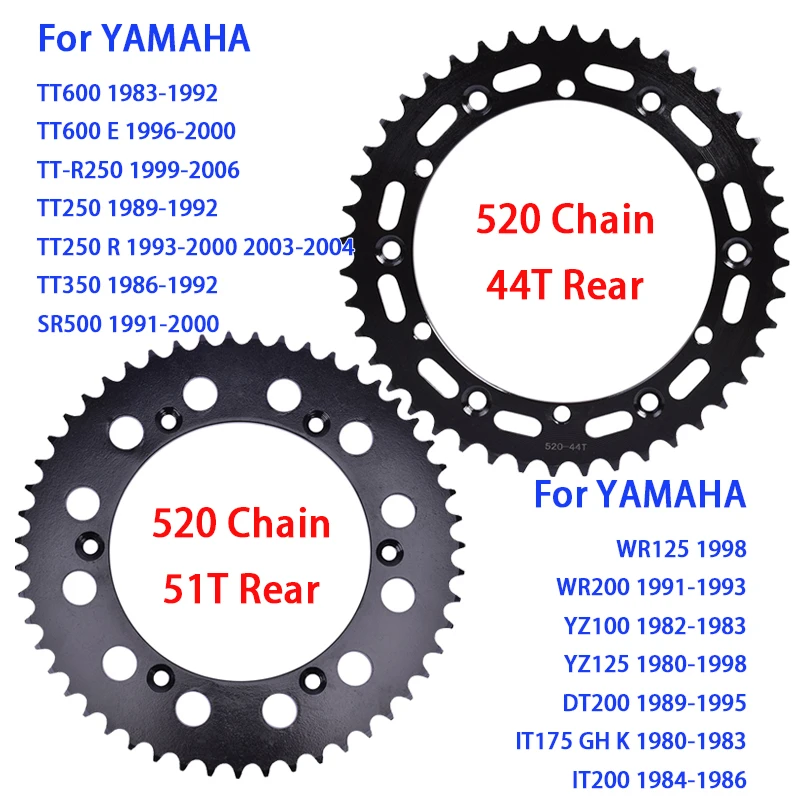 520 44T 51T Rear Sprocket for YAMAHA TT250 TT250R TTR250 TT350 WR200 WR125 YZ100 YZ125 TT600 TT TTR 250 350 600 E WR 200 YZ 125