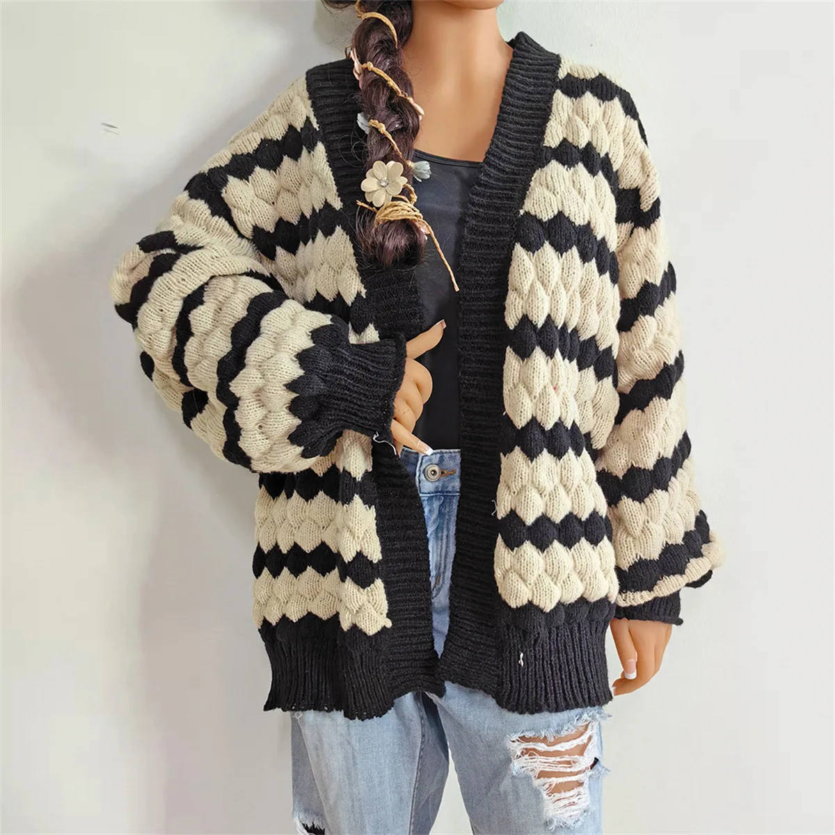 XXOWENLI Women Striped Cable Knit Cardigan V Neck Long Puff Sleeve Oversized Loose Sweater Coat Casual Winter Thick Outerwear