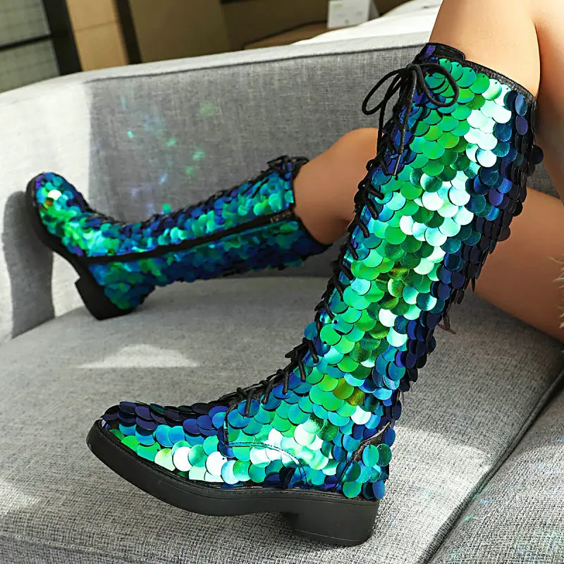 

Big Round Sequins Green Gold Silver Lace-up Riding Motorcycle Flats Shoes Winter Small Size 32 33 Knee-high Shiny Bling Boots