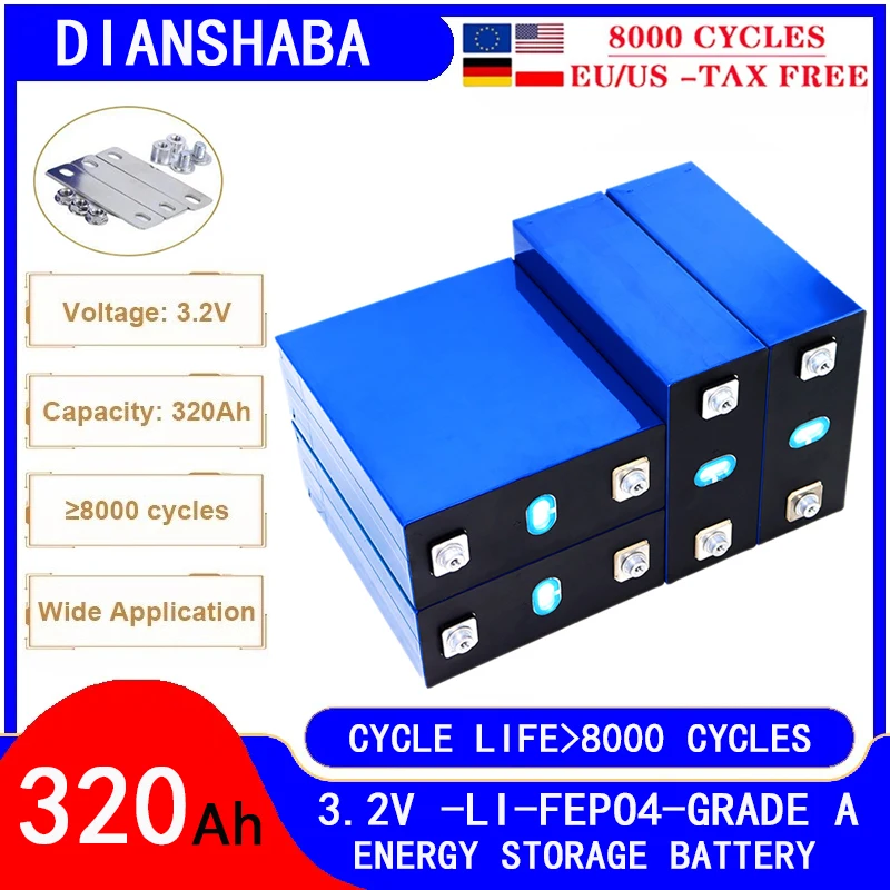 320Ah 8000 Cycle Lifepo4 Battery Class A 3.2V Lithium Iron Phosphate Rechargeable Battery for DIY 12V 48V RV Solar Camping Tax F