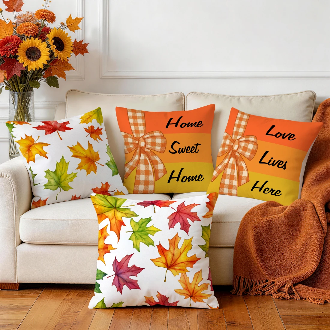 Autumn Maple Leaf Bow Pillowcase Printed Polyester 40/45/50cm Throw Pillowcover Decorative Sofa Cushion Pillowslip Home Decor