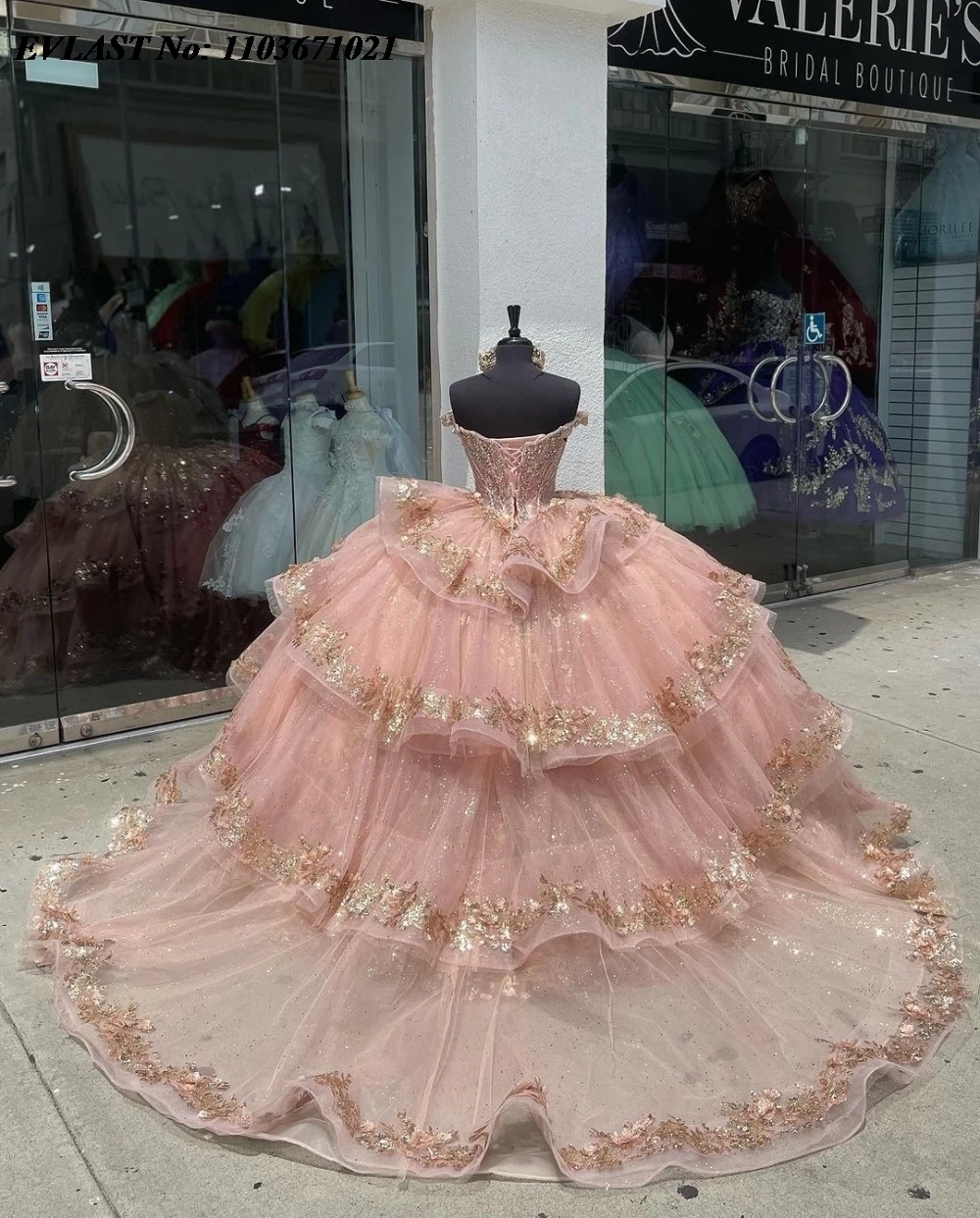 EVLAST Dostosowane Różowe Cekiny Suknia Quinceanera Suknia Balowa Aplikacja Koraliki Warstwowy Gorset Sweet 16 Vestidos De 15 Anos SQ747