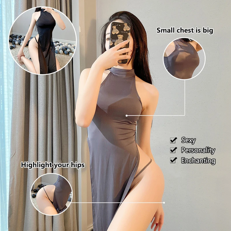 

Fashion Women Sexy Cheongsam Pajamas Dress Uniform Temptation High Split Tight Dress Perspective Tight Big Backless Hip Skirt