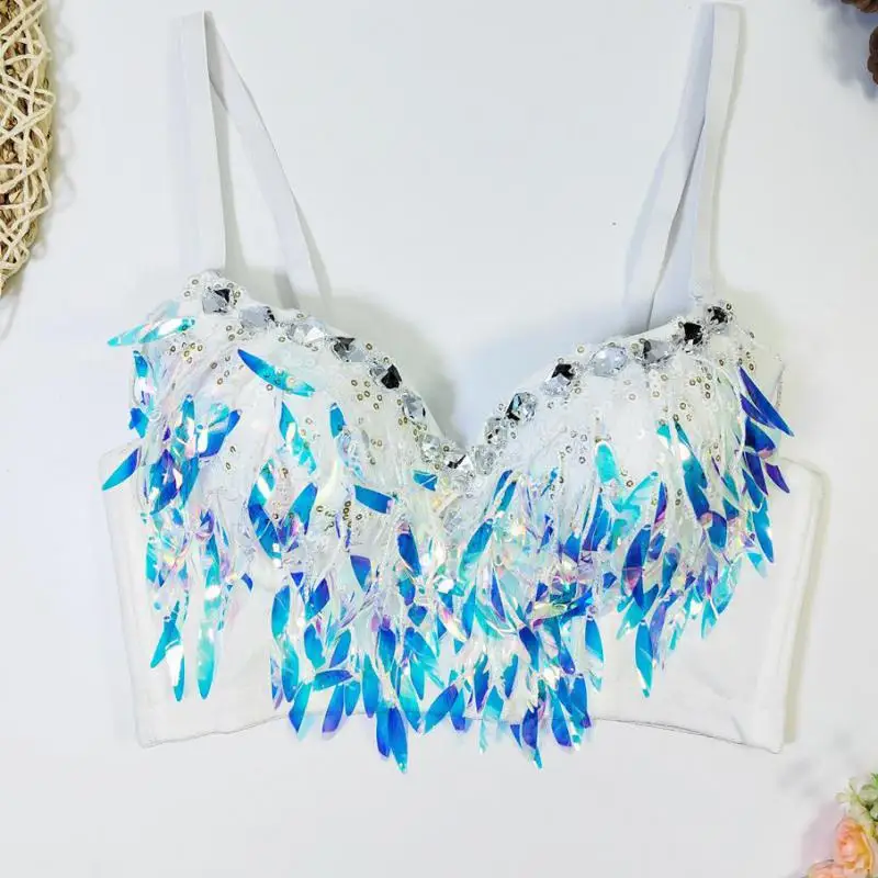 2024 New Halter Backless Lace-up Sequin Fringe Crop Top Party Clubwear Beach Rave Festival Outfit Women Individuality Corset