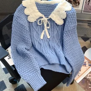 Jmprs-Suéter doce kawaii feminino, gola Peter Pan, tops de malha japonesa, manga comprida solta, pulôver casual, fofo, moda outono 10 principais vendas sueter gola peter pan - №9