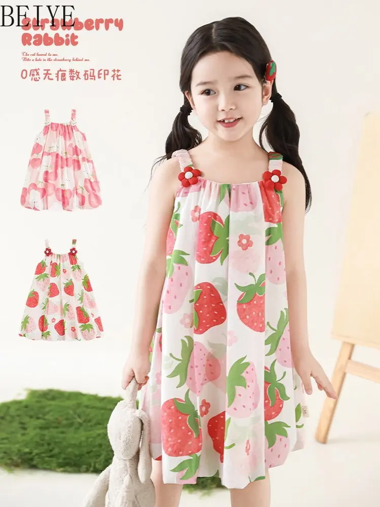 Girls' Fruit Print Sundress 2026 Summer Girls Casual Dresses Sweet & Cute Hand-stitched 3d Doll Flower Bud Dress for Kids