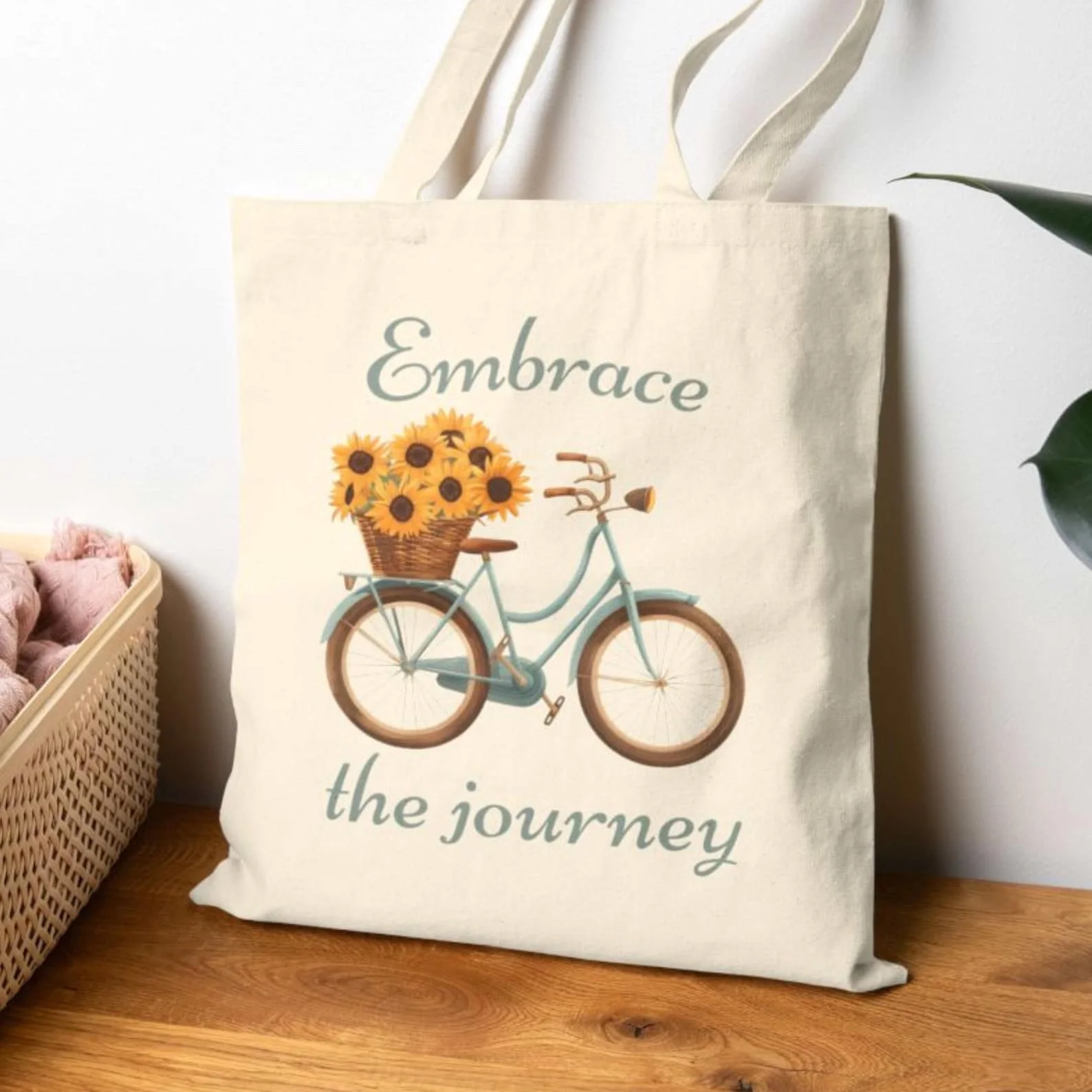 Fashion Bicycle Sunflower Tote Bag, Cottagecore Cotton Canvas Tote, Sunflower Reusable Shopping Bag, Positive Affirmation Bag