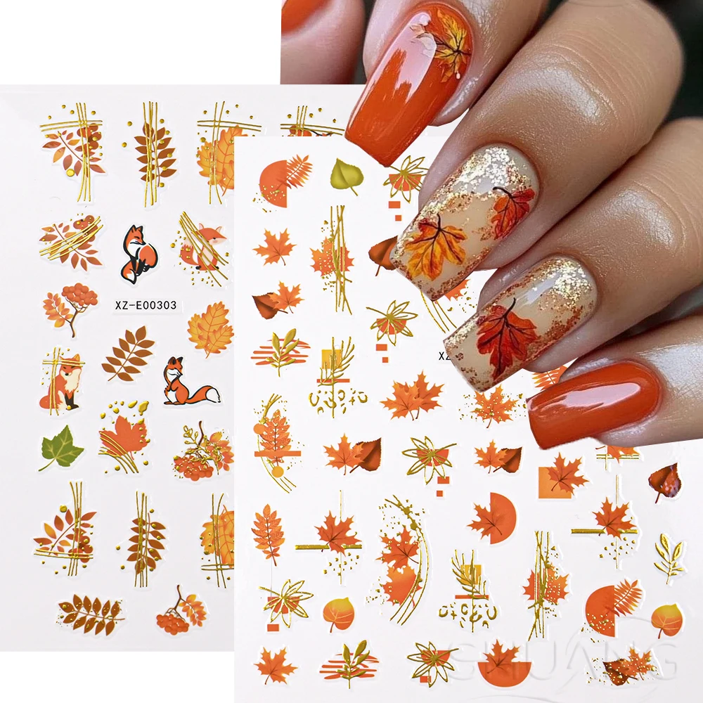 

1sheet 3D Laser Maple Leaves Nail Sticker Autumn Fall Leaf Nail Slider Red Leaf, Squirrel Pumpkin Ginkgo leaves Manicure Sticker