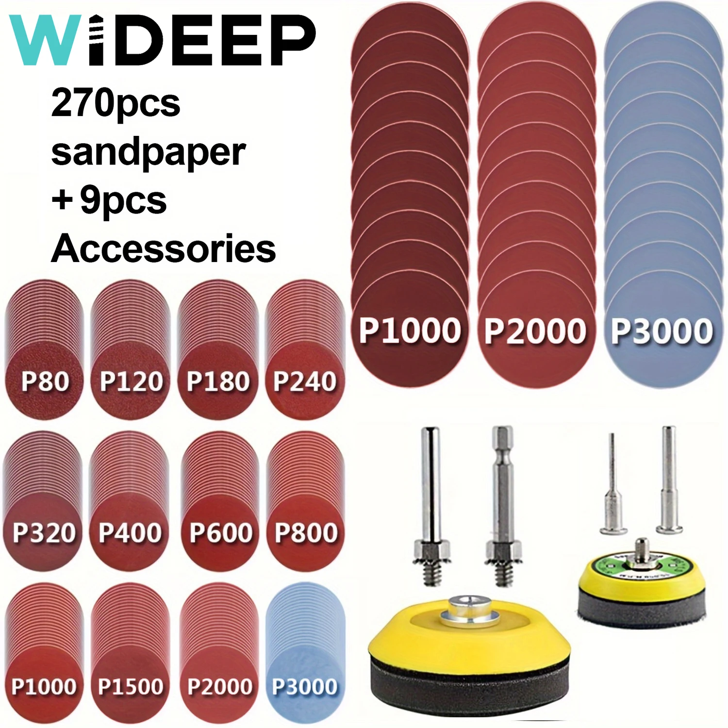 270pcs Sandpaper Set 2-3 inch 80-3000# Sanding Discs Abrasive Paper with 1/8