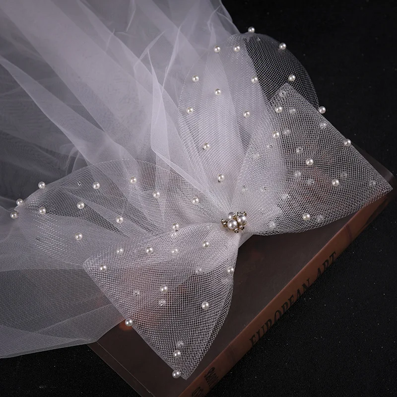 Ivory Tulle Bridal Veil with Bow Short Wedding veils White Mesh Headpiece Bride Short Veil Back Head Decor Hair Accessories image 6