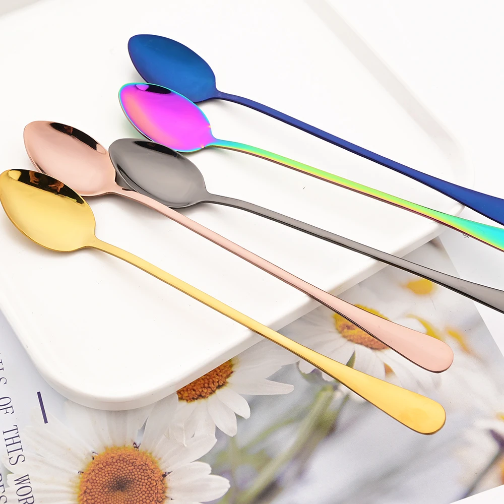 6P Black Coffee Spoon Stainless Steel Tableware Set Long Handle Ice Cream Dessert Teaspoon Picnic Drinkware Kitchen Accessories