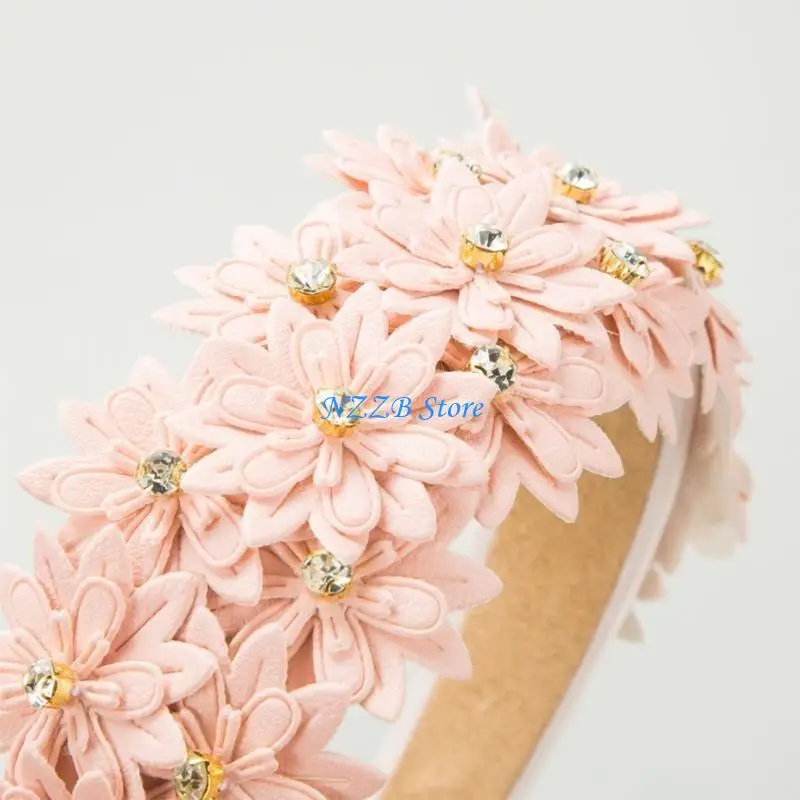 

T21F Elegant Leather Hairband with Multiple Layer Flower Headband Wedding Headwear