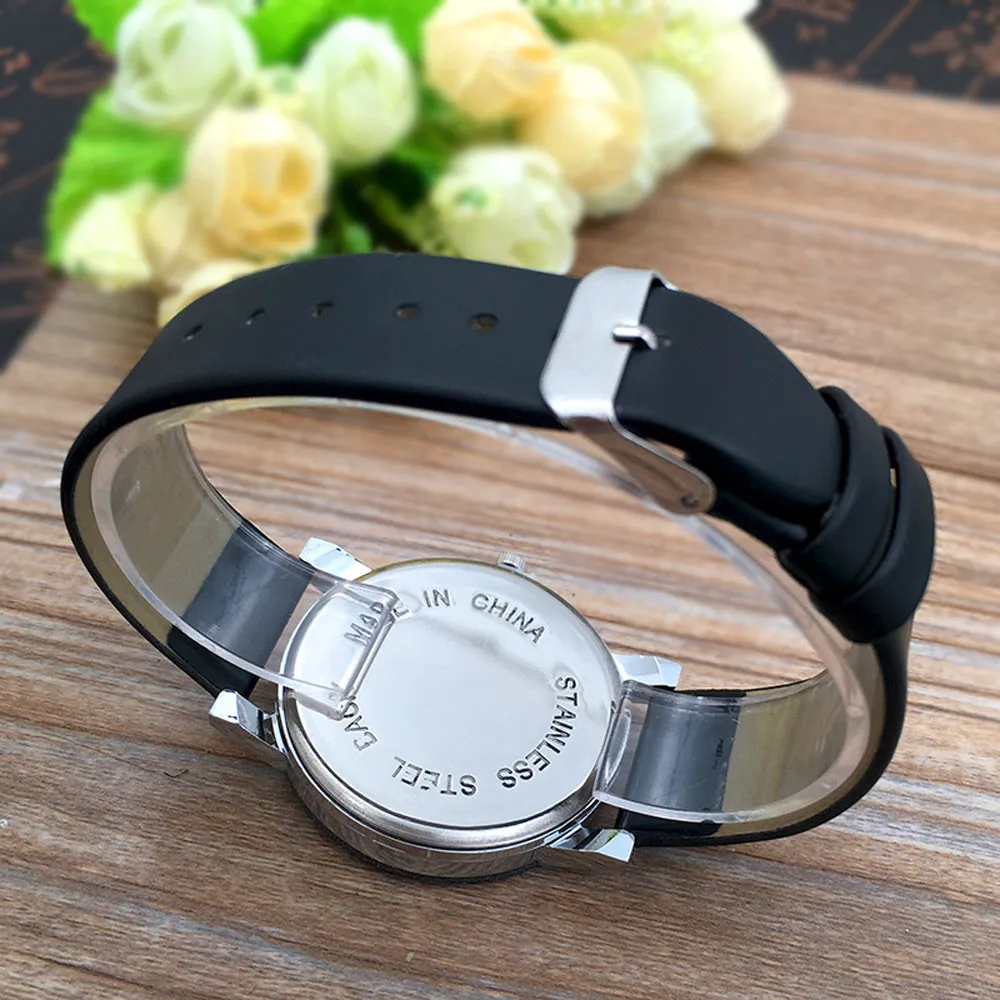 Jam tangan pasangan, arloji Dial kaca tali kulit Quartz romantis hadiah untuk pria wanita