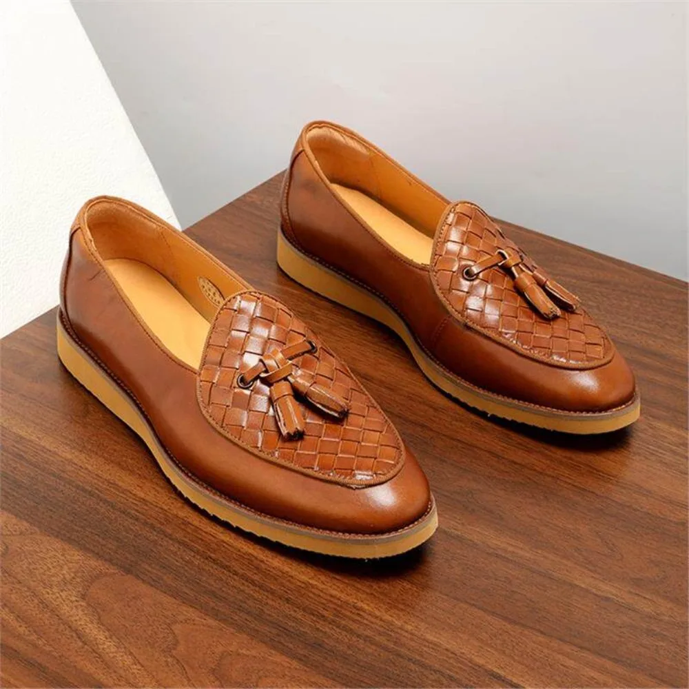 Genuine Leather Tassel Loafers for Men Hand Woven British Style Slip On Breathable Versatile Dress Shoes