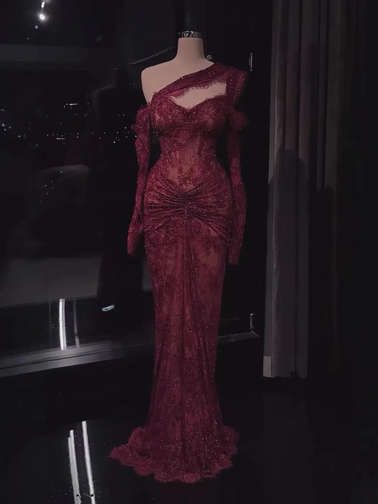 2026 Luxury Wine Red Lace Beaded Mermaid Evening Dress One Shoulder Ruched Formal Party Gown Customized High Quality