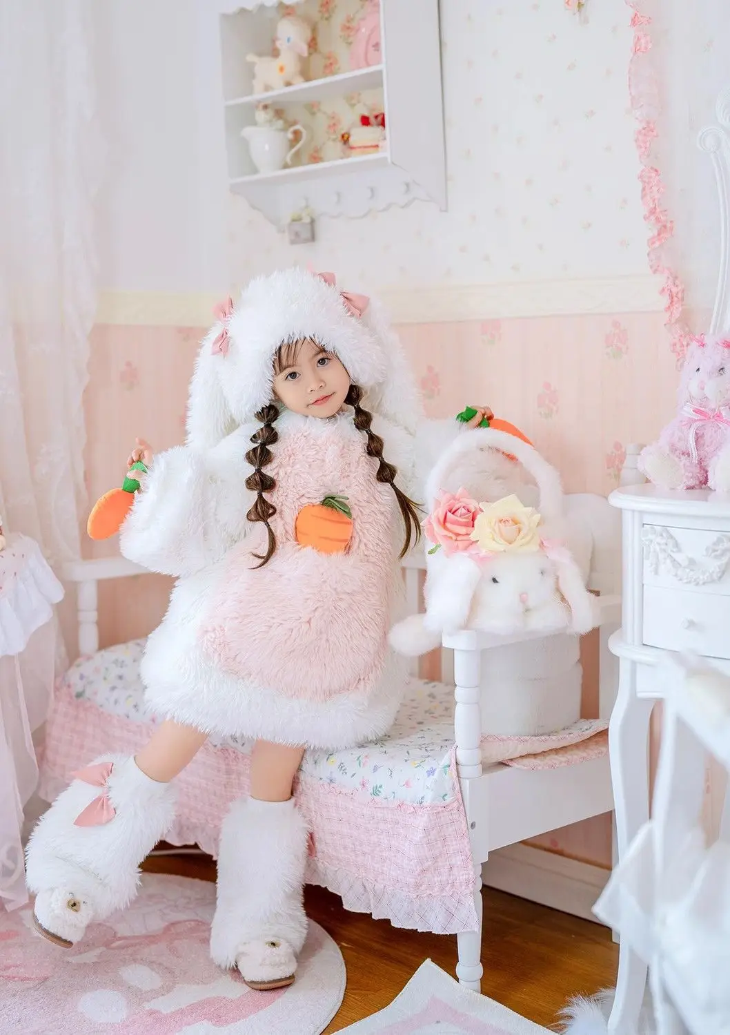 Cartoon Kinder Plüsch-Kaninchen Cosplay Kostüm Kawaii Mädchen Winter Warme Sets Top Hose Mütze Anzug 1-10 Jahre Mädchen Party Outfits Geschenk – Detail 10
