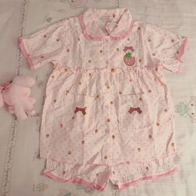 Summer Kawaii Lolita Style Strawberry Embroidery Pajamas Set Girl Cute Short Sleeve Tops Shorts Suit Women Sweet Homewear Pijama