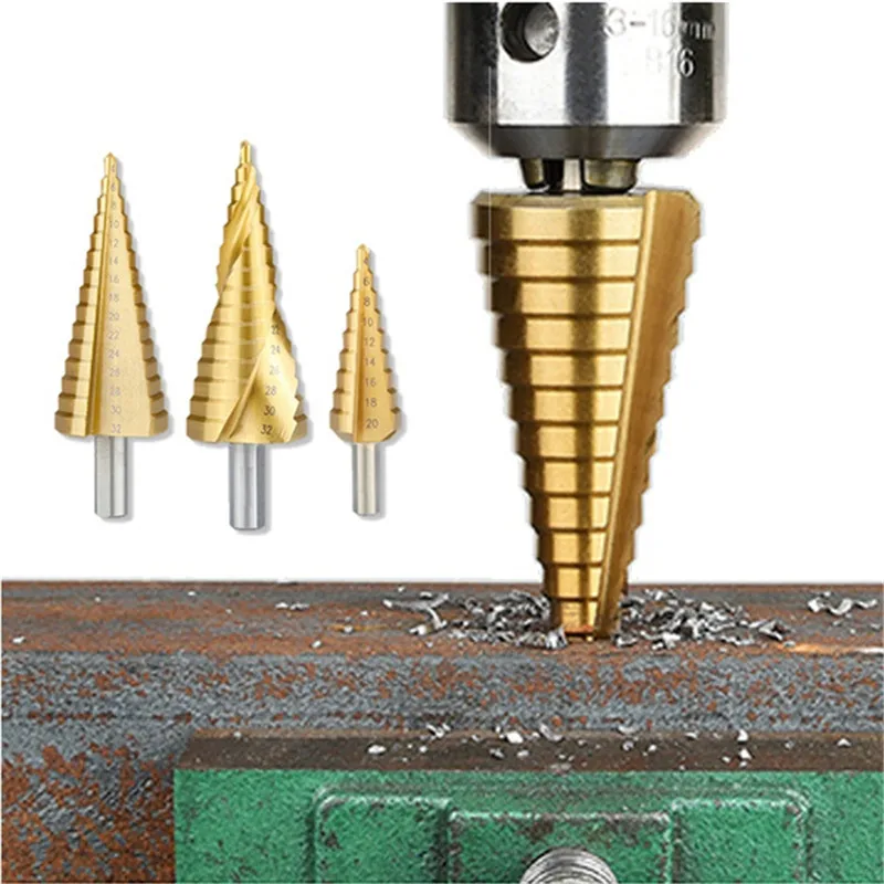 6Pcs Titanium Plating Drill Bit Set Metal Hole Cutter Wood Cone Core Drilling Saw Tool Pulled Slotted Pagoda Sawtooth Step Drill