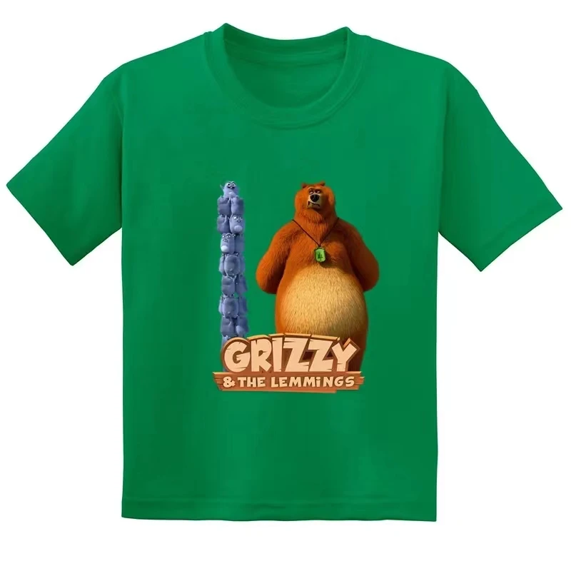 Kids Funny T shirt Sunlight Grizzy Bear Cute Lemmings Print Cartoon Baby Boys Girls Clothes Summer Children Cotton Soft T-Shirt