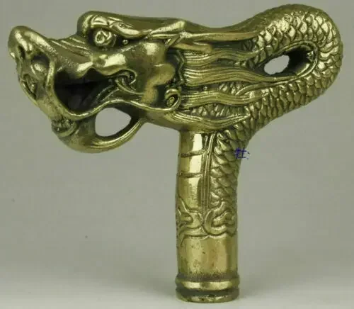 Chinese Brass Copper Hand Carved Cane Walking Stick Head Handle Dragon Statue