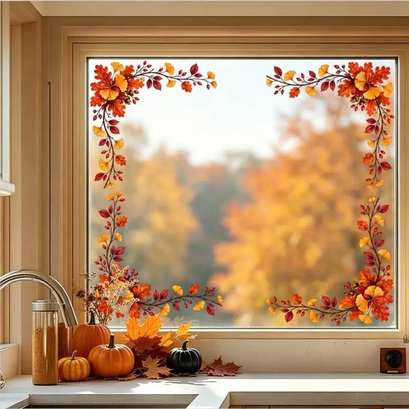 Fall Window Static Clings Sunflower Pumpkin PVC Decals Removable Waterproof Smooth Glass Decor for Thanksgiving Party