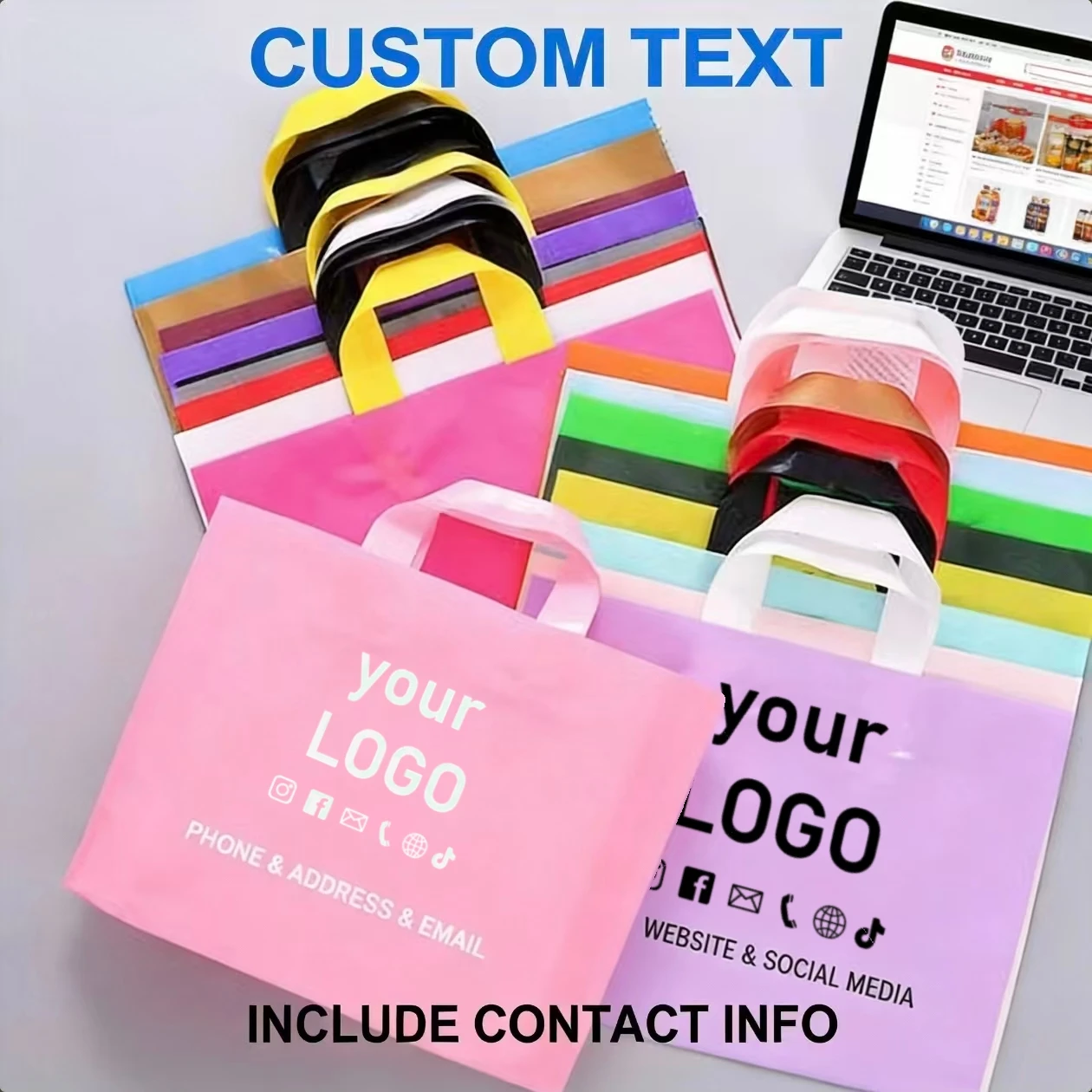 Sacs shopping personnalisables avec logo, colorés, avec poignée, sacs cadeaux en plastique pour boutique de vêtements, emballage pour boutique, sacs épais