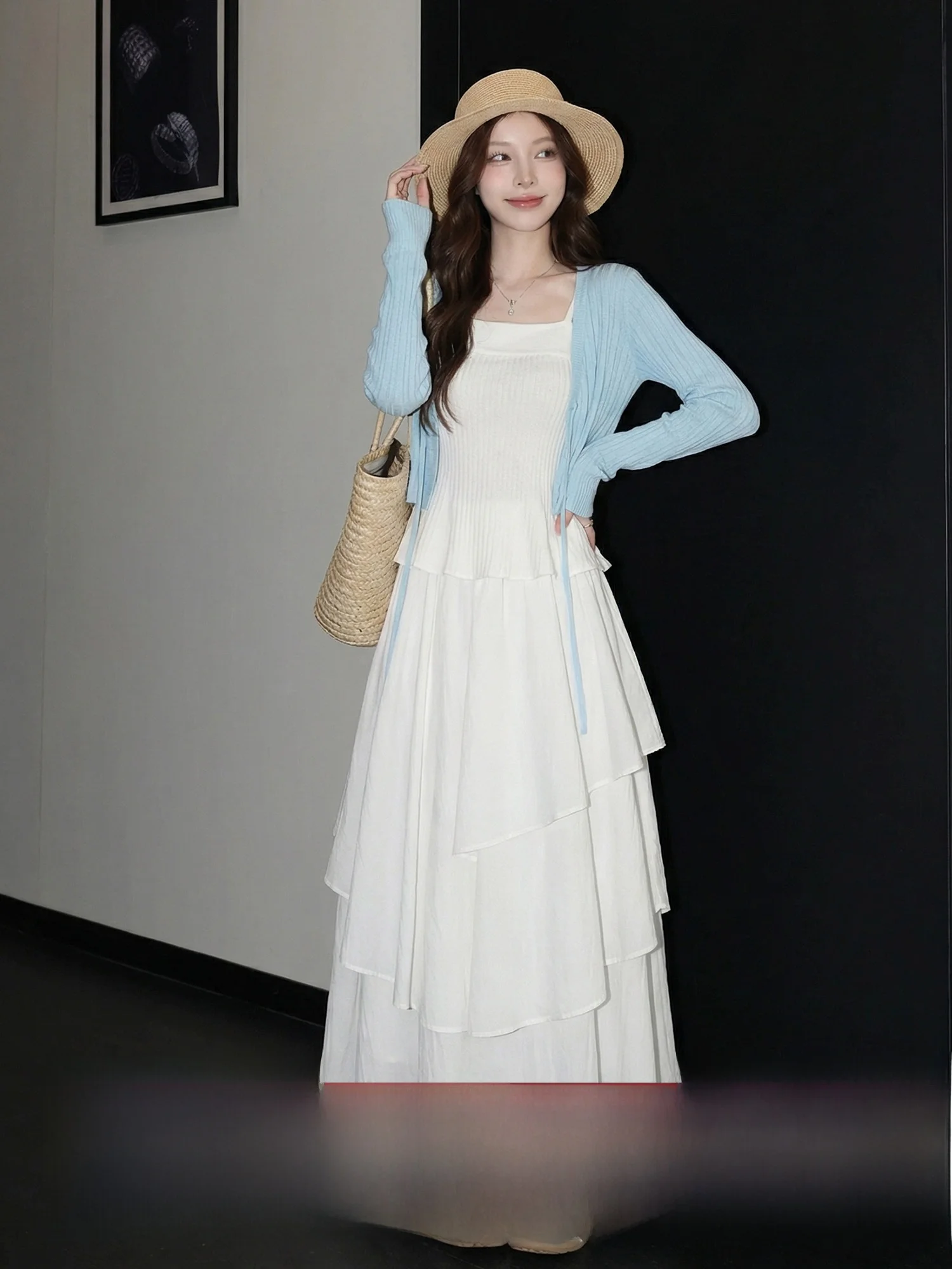 

Mii Xiaoke Korean Style Knitted Sun Protection Cardigan Vest Strap Halter Skirt Women's Summer Three-piece Fashion Set High-E...