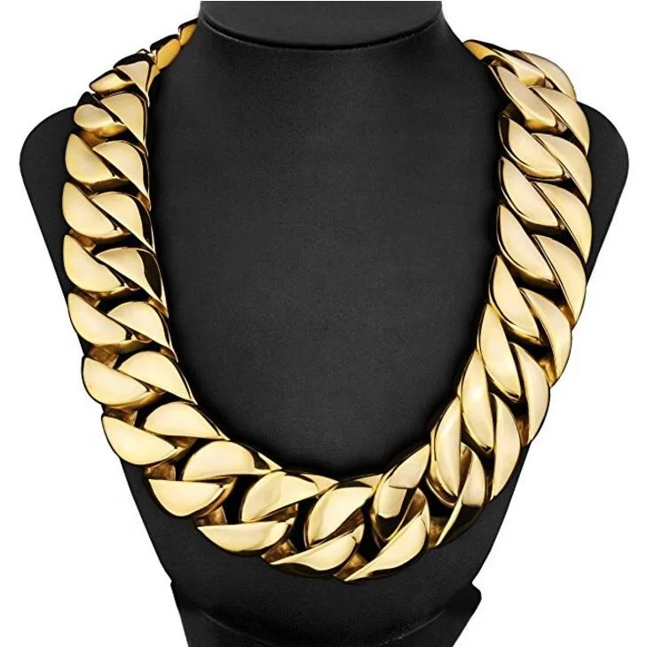 Mens 31mm Large Heavy Polished Custom Necklace Stainless Steel Plated 18K Gold Thick Cuban Chain Necklace