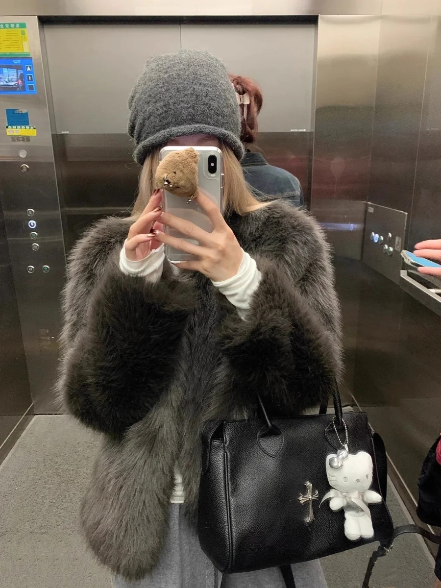 Cappotto in pelliccia sintetica ecologico da donna invernale Faion -Mimiing Hair Inteated Top in similpelle Marrone e sensazione premium