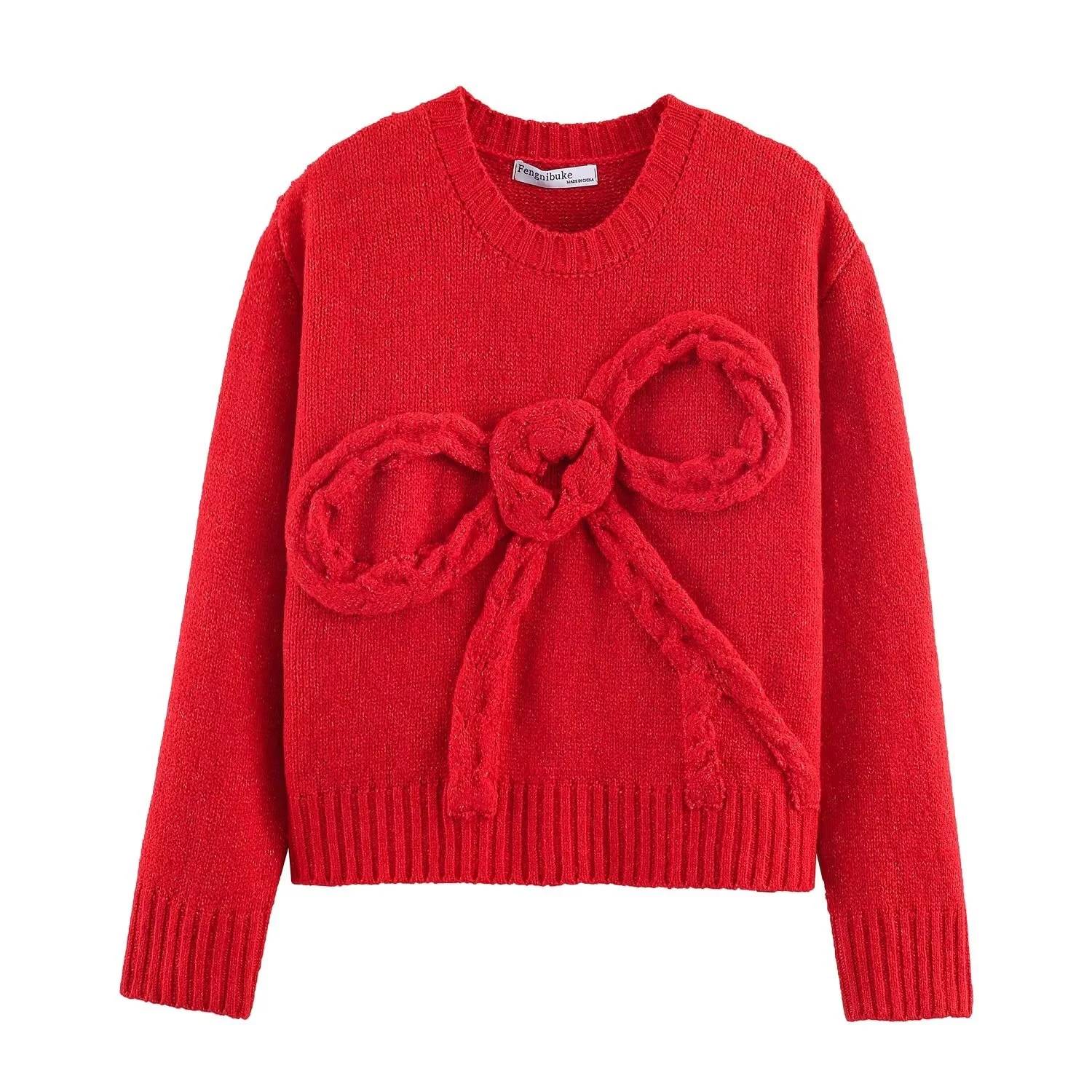

2026 spring new style sweet style design three-dimensional bow contrast color round neck pullover sweater for women