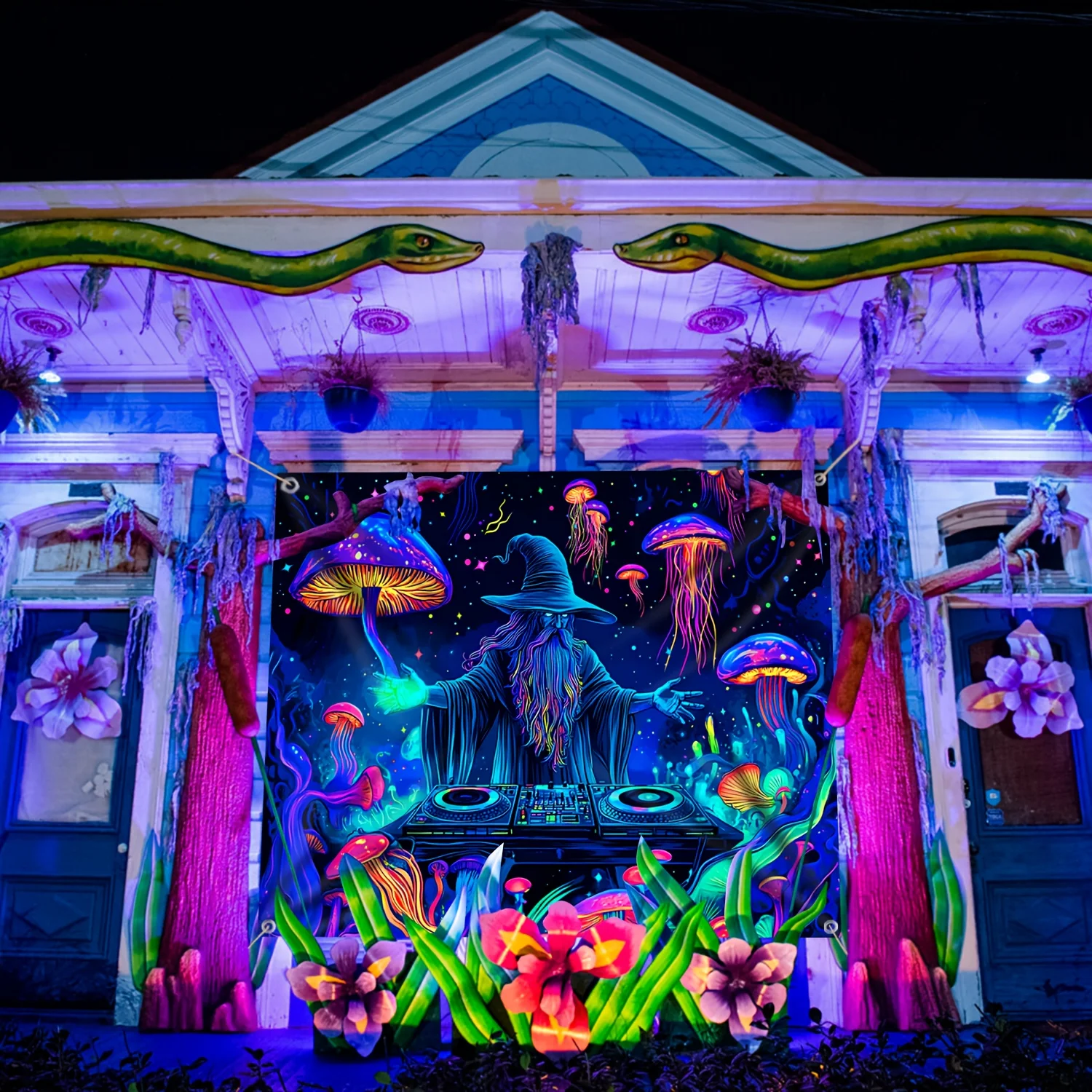 VIKAMA Trippy DJ Wizard Tapestry Glowing Mushroom Jellyfish Wall Hanging Psychedelic Backdrop Blacklight Party Bedroom Decor