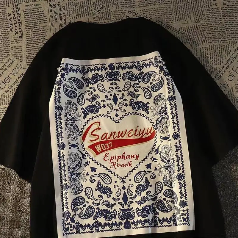 Puur Katoenen Amerikaanse Retro Cashew Bloemenprint T-Shirt Met Korte Mouwen Voor Heren, Los In Het Ontwerp Van Een Paar Veelzijdige Tops Met Halve Mouwen