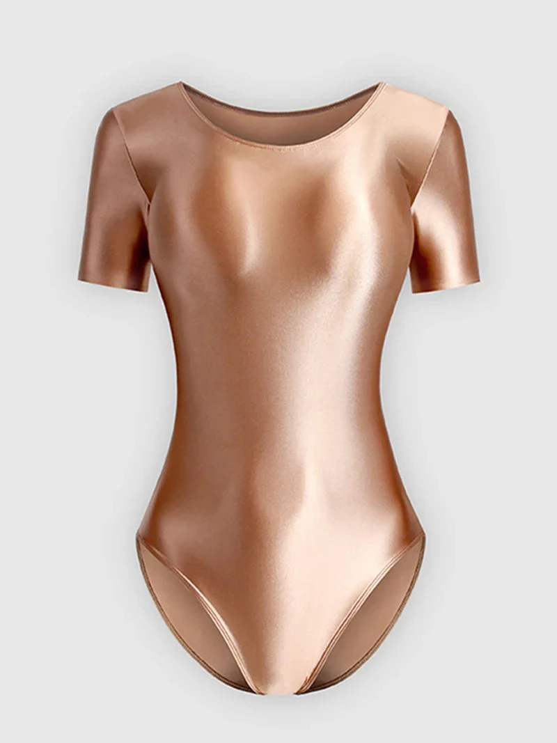 Body ajustado de manga corta para mujer, traje de baño brillante de corte alto para práctica de Yoga, leotardo de gimnasia rítmica, Ropa de baile