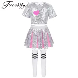 Kids Girls Cheerleading Outfit Hip Hop Jazz Dance Costume Children Shiny Sequin Short Sleeve Crop Top with Skirt Socks Dancewear