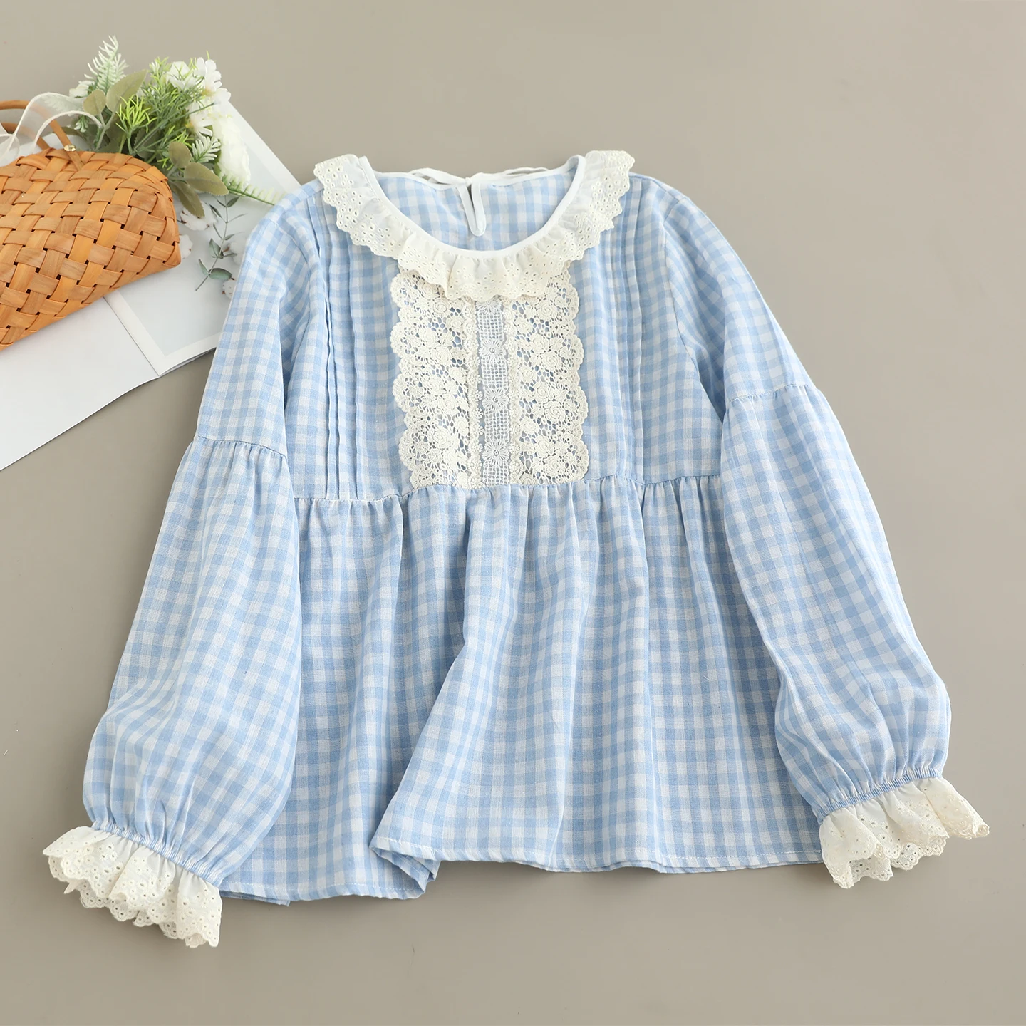 Japanse Zoete Mori Meisje Vintage Plaid Kant Patchwork Katoenen Shirts Vrouwen Herfst O-hals Lange Mouw Casual Losse Blouse Tops