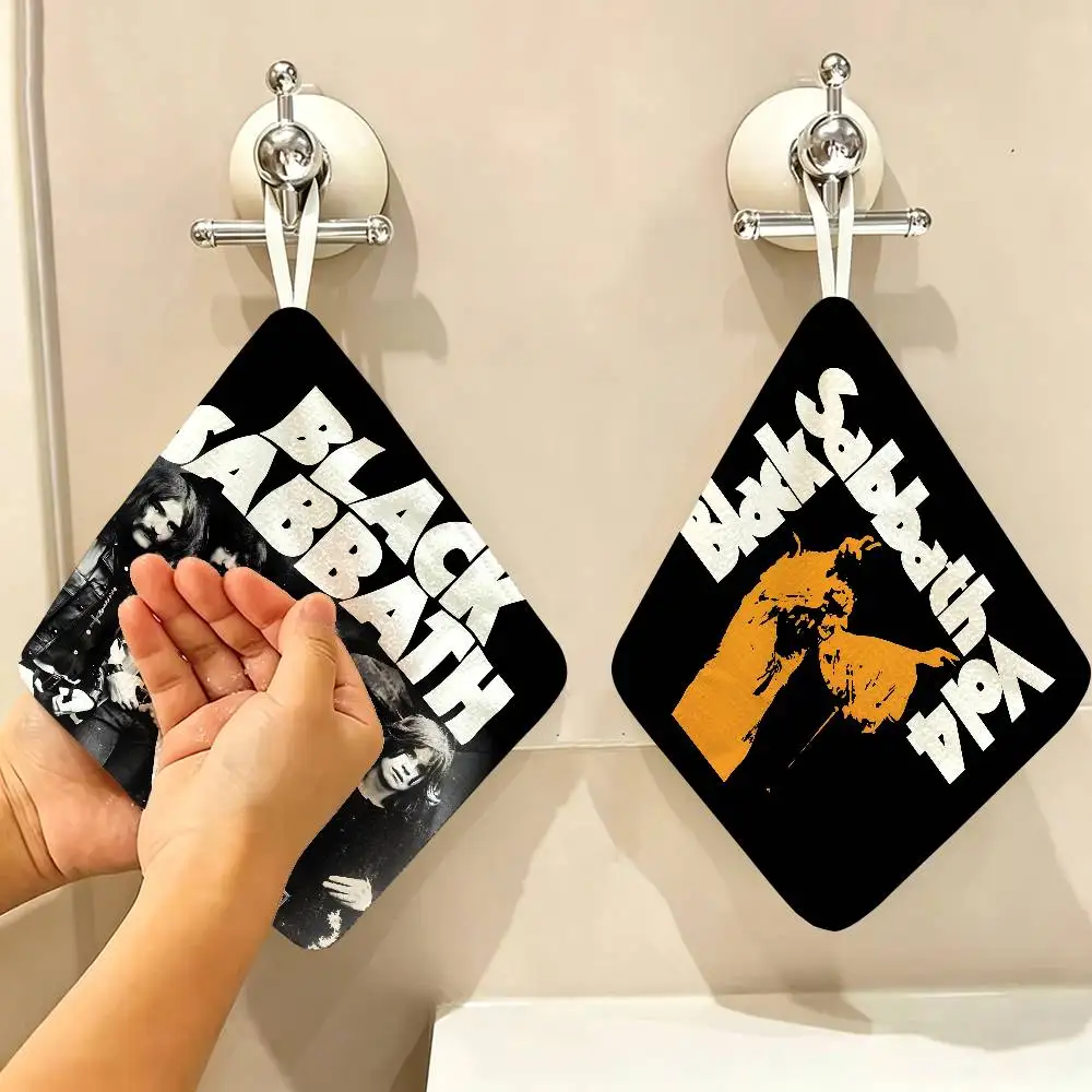 B-Black Sabbath Band Polyester Cotton Hand Wiping Towel, Hanging Design, Durable for Household Restaurant Toilet Use
